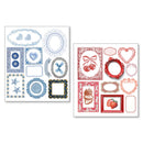 Two sheets of decorative paper with various designs on a white background