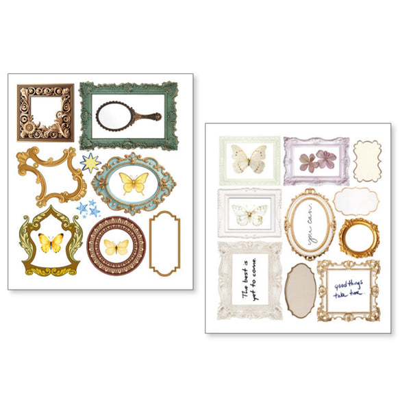 Collection of decorative picture frames and butterflies on a white background