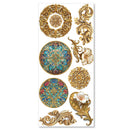 Decorative gold and multicolored embellishments on a white background