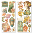 Decorative paper with vintage-style illustrations of women, flowers, and decorative elements on a white background.