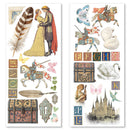 Decorative sheet with romantic couple, knights, and castle illustrations on a white background.