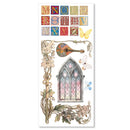 Decorative sheet with alphabet letters, musical instrument, butterfly, and stained glass window design on a white background.