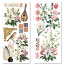 Decorative paper with floral and nature-themed designs on a white background