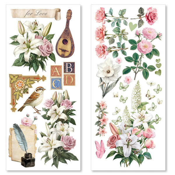Decorative paper with floral and nature-themed designs on a white background