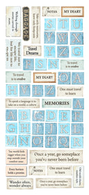 Collection of travel-themed decorative stickers with text and letters on a white background
