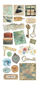 Collection of vintage-themed stickers including maps, keys, and labels on a white background.