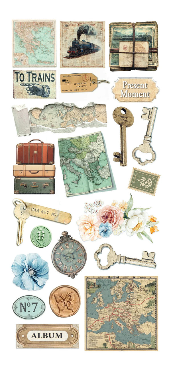 Collection of vintage-themed stickers including maps, keys, and labels on a white background.