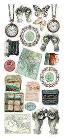 Collection of vintage-themed decorative items including necklaces, watches, and typewriters on a white background.