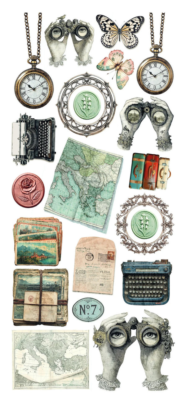 Collection of vintage-themed decorative items including necklaces, watches, and typewriters on a white background.