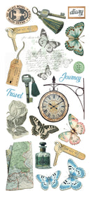 Vintage-themed decorative elements including keys, butterflies, a clock, and a map.