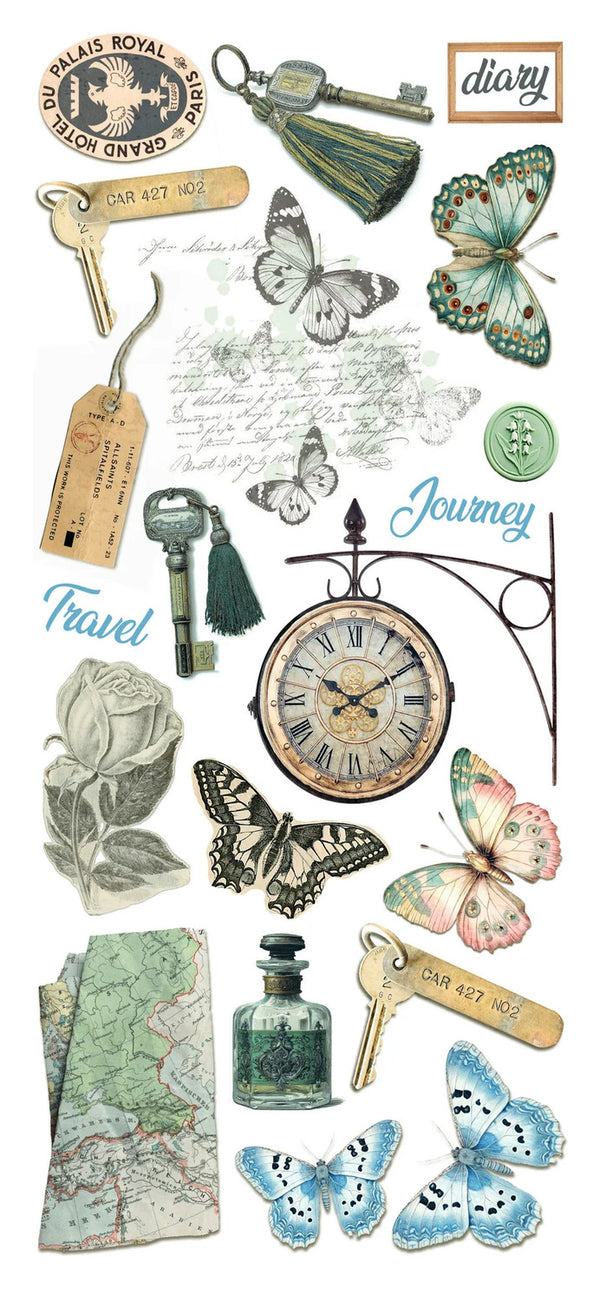 Vintage-themed decorative elements including keys, butterflies, a clock, and a map.