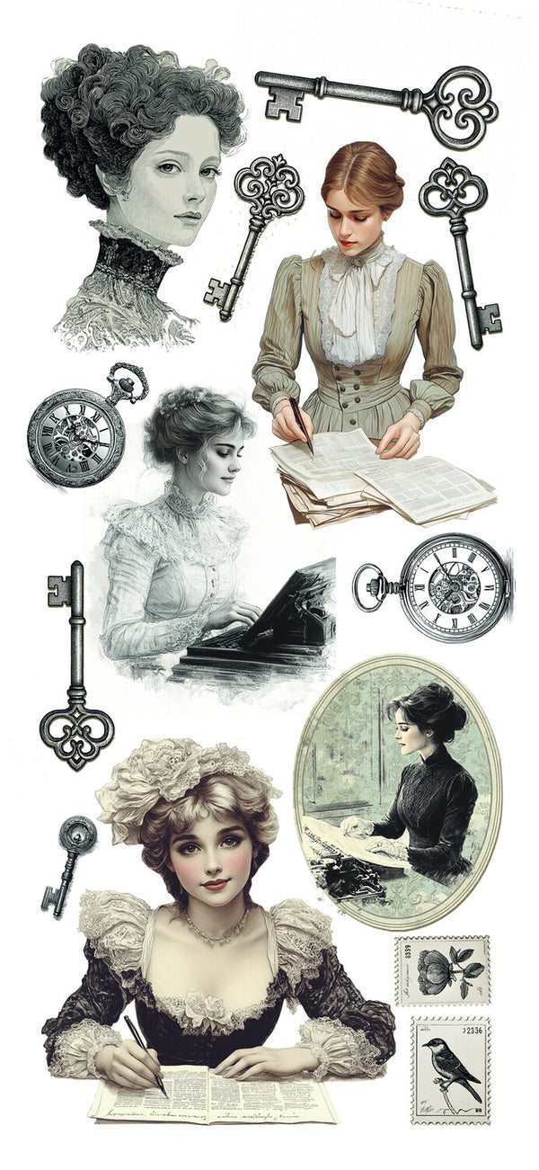 Vintage-style illustration of women from different eras with keys, pocket watches, and other period-appropriate items.