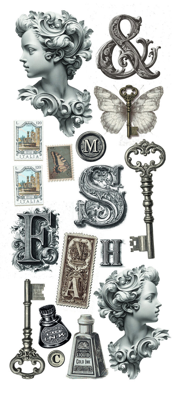 Collection of vintage-style decorative elements including keys, letters, and architectural details.