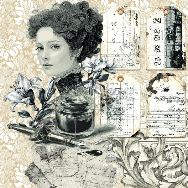 Vintage-style illustration of a woman with flowers and writing utensils on a decorative background