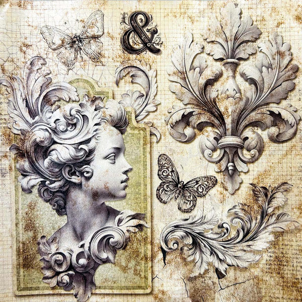 Decorative design with classical bust, butterflies, and flourishes on a textured background