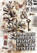 Vintage-style design with flowers, butterfly, keys, and alphabet letters on a textured background.
