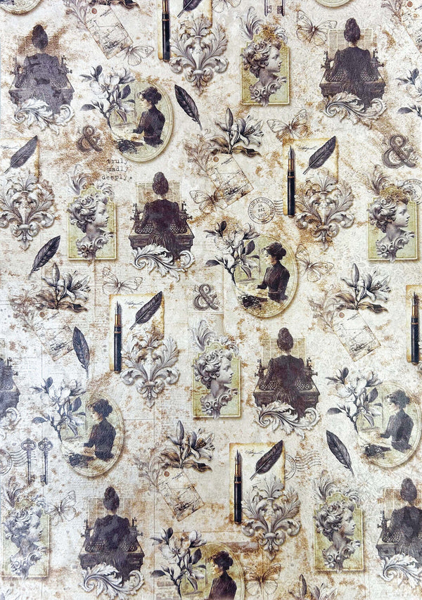 Patterned wallpaper with decorative elements and silhouettes on a beige background