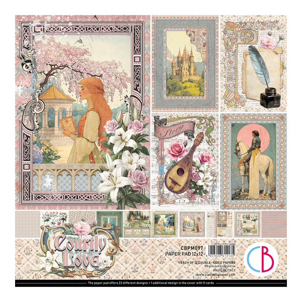 Collage of vintage-style illustrations on a paper pad packaging with 'Courtly Love' branding.