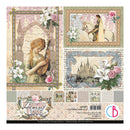 Collection of patterned paper sheets with romantic designs, including a woman playing a lyre, a castle, and floral elements, on a white background.