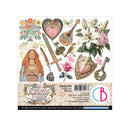 Decorative paper pad with illustrations of a woman, flowers, and other elements on a white background.