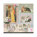 Collection of vintage-style paper designs with romantic scenes and floral elements on a white background.