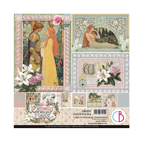 Collection of vintage-style paper designs with romantic scenes and floral elements on a white background.