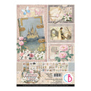 Collection of decorative paper sheets with romantic and fantasy-themed designs on a white background.