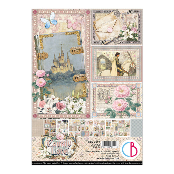 Collection of decorative paper sheets with romantic and fantasy-themed designs on a white background.