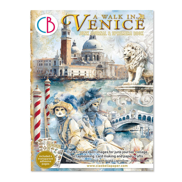 Book cover of 'A Walk in Venice' by Ciao Bella Paper with Venetian scene and masks.