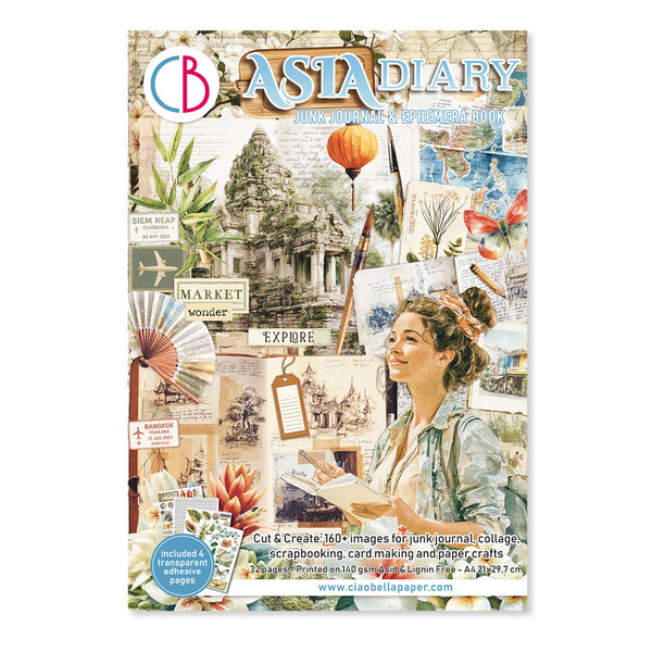 Astadia Diary cover with travel-themed collage and woman's face.