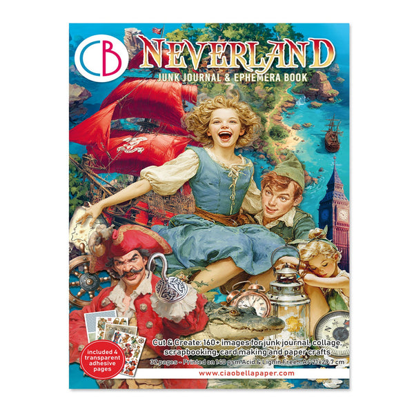 Book cover of 'Neverland' with illustrations of children and a red kite on a blue background.