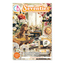 Magazine cover titled 'Seventies' with a woman playing guitar and vintage decor elements.