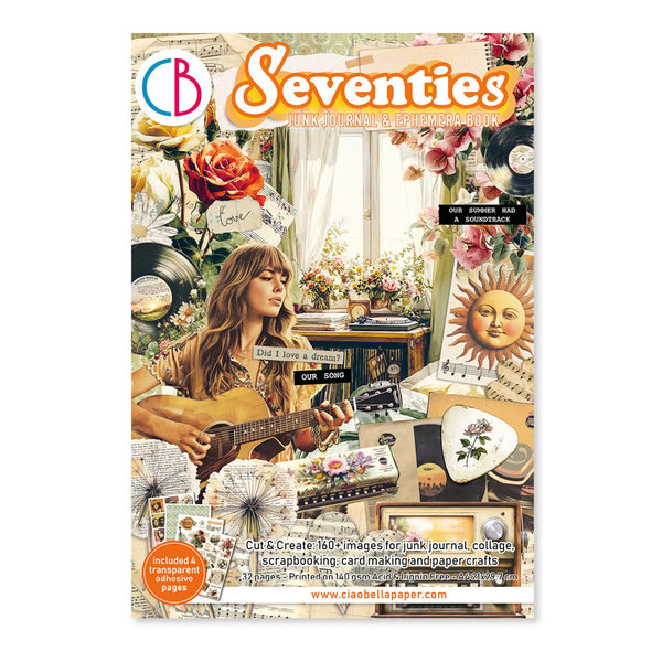 Magazine cover titled 'Seventies' with a woman playing guitar and vintage decor elements.
