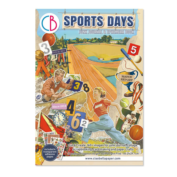 Sports Days junk journal & scrapbook book cover with illustrations of sports activities and a girl running.