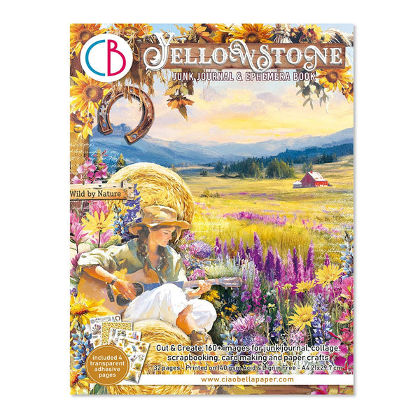 Cover of a Yellowstone junk journal and ephemera book with a scenic illustration and branding.