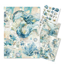 Set of decorative paper sheets with ocean-themed designs including seahorses, flowers, and corals.