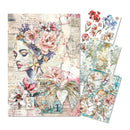 Decorative paper sheets with artistic designs of a woman's face, flowers, and vintage elements on a white background.