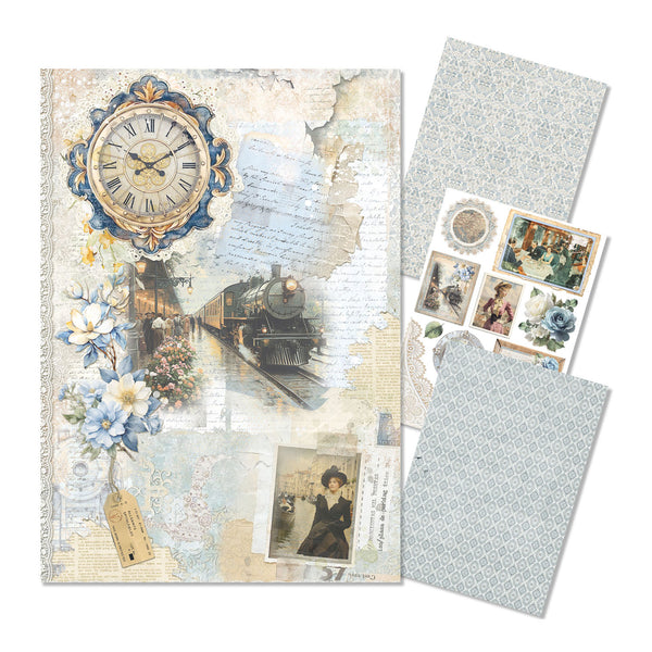 Scrapbooking paper with vintage design elements including a clock, train, and floral elements.
