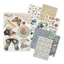 Collection of vintage-style paper sheets with decorative elements on a white background