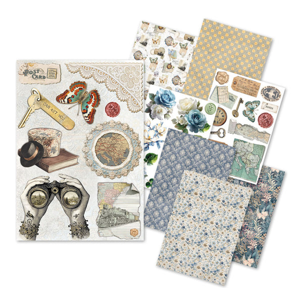 Collection of vintage-style paper sheets with decorative elements on a white background