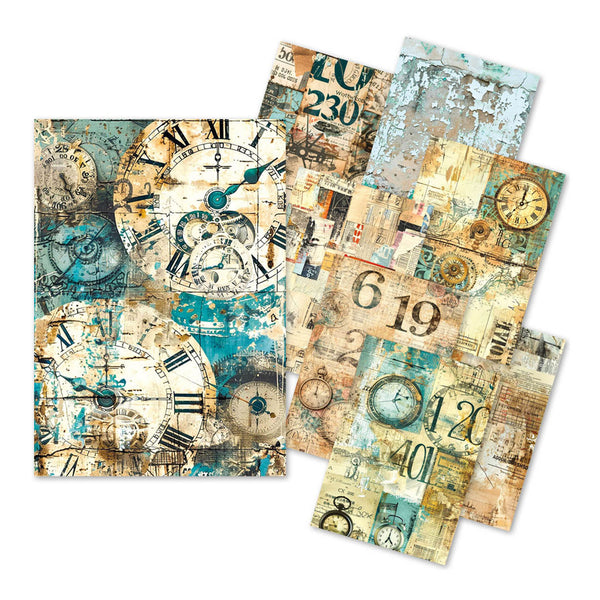 Collection of decorative paper sheets with vintage clock designs on a white background