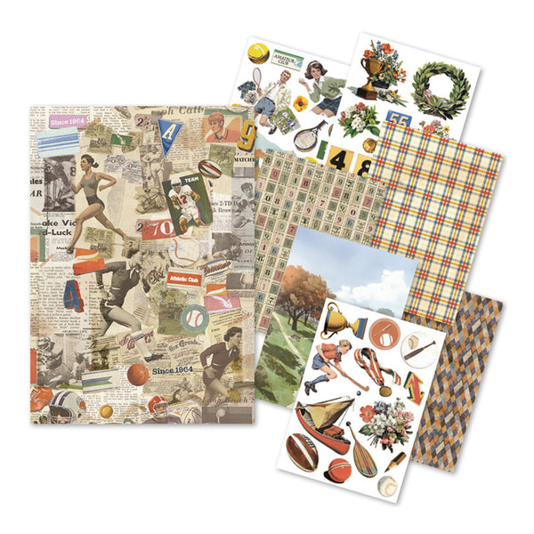 Collection of vintage-style paper sheets with different patterns and designs.