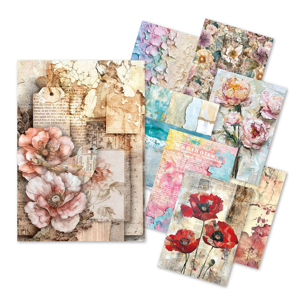 Collection of floral and textured paper sheets on a white background