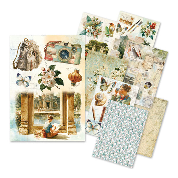 Collection of vintage-style paper sheets with nature, architecture, and people illustrations on a white background.
