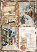 Vintage-style collage with winter scenes, trains, and people in a snowy landscape.