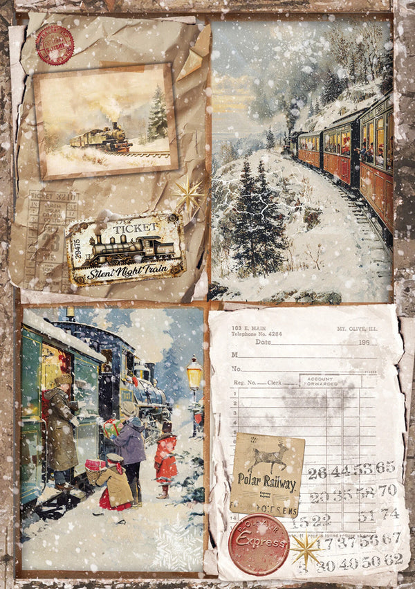 Vintage-style collage with winter scenes, trains, and people in a snowy landscape.