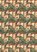 Pattern of green gift boxes with red ribbons on a beige background