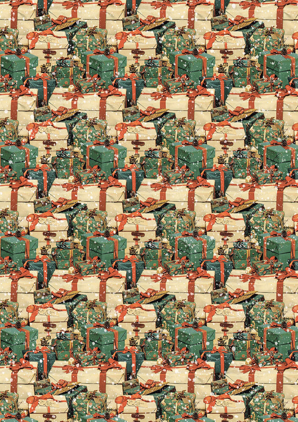 Pattern of green gift boxes with red ribbons on a beige background