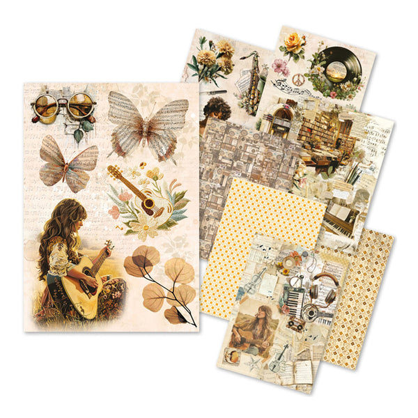 Collection of vintage-style paper sheets with illustrations and patterns on a white background