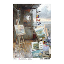Artistic depiction of an artist's studio with easels, paintings, and art supplies by the sea.